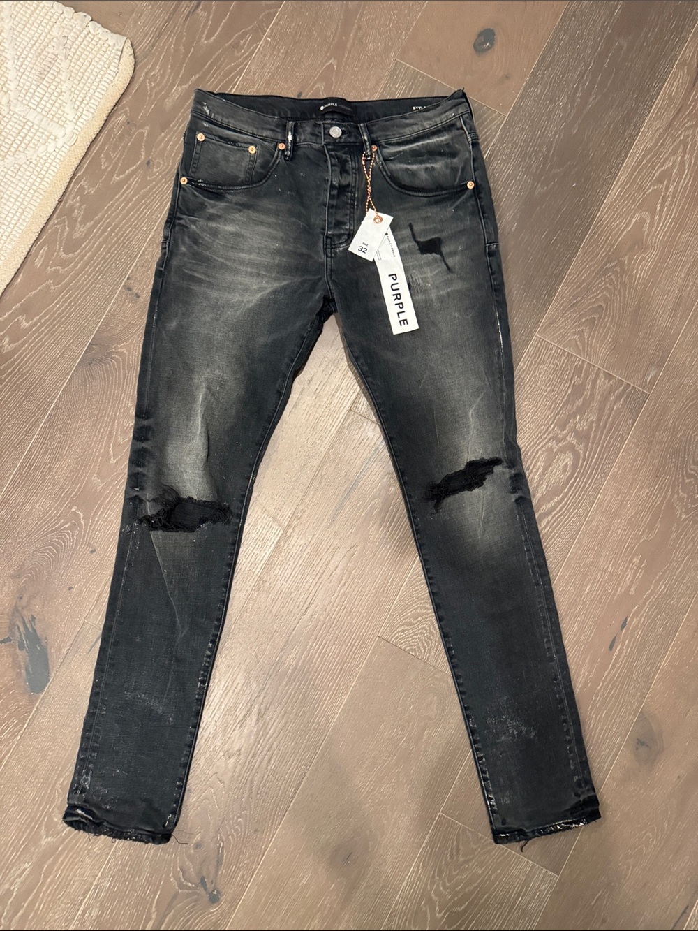 Purple Men's Black Washed Skinny Jeans with Distressed Knees